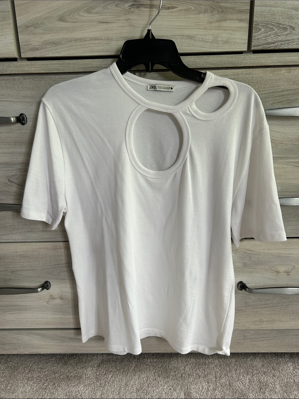 Zara White Short Sleeve Tee with Dual Circular Cutouts